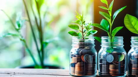 tres tarros de vidrio llenos de monedas y plantas en una mesa de madera