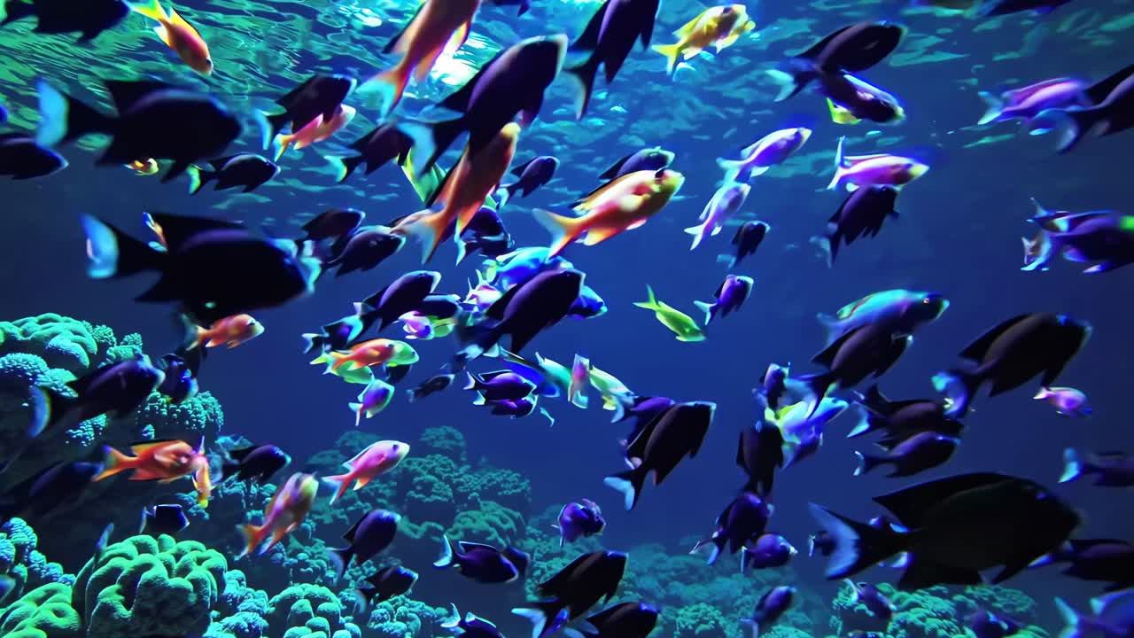 Vibrant underwater scene with colorful fish swimming. Shot from a side ...