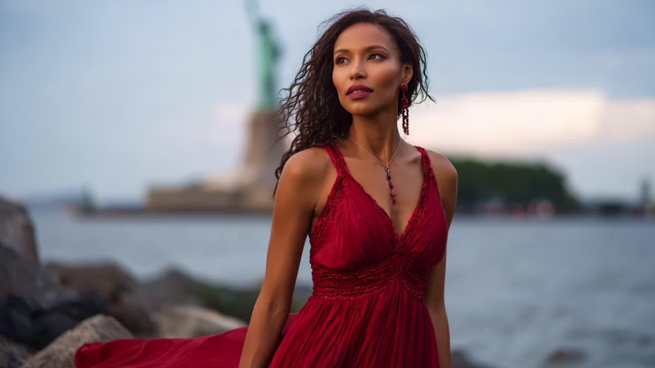 Elegant Woman in a Red Dress Posed by the Water with the Statue of Liberty in the Background, Capturing the Essence of Freedom and Beauty
