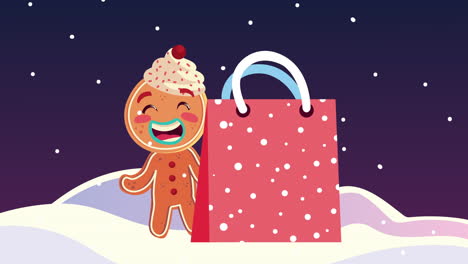 happy merry christmas animation with gingerman cookie and shopping bag