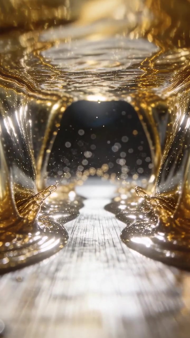 Video verticale: La gravità che attira un tunnel di liquido dorato che scorre lungo un binario metallico, formando goccioline.