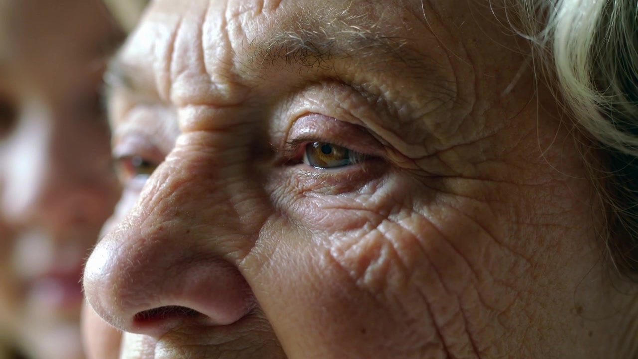 Una donna anziana, con i capelli grigi, sbatte le palpebre e sposta lo sguardo mentre contempla vicino alla finestra.