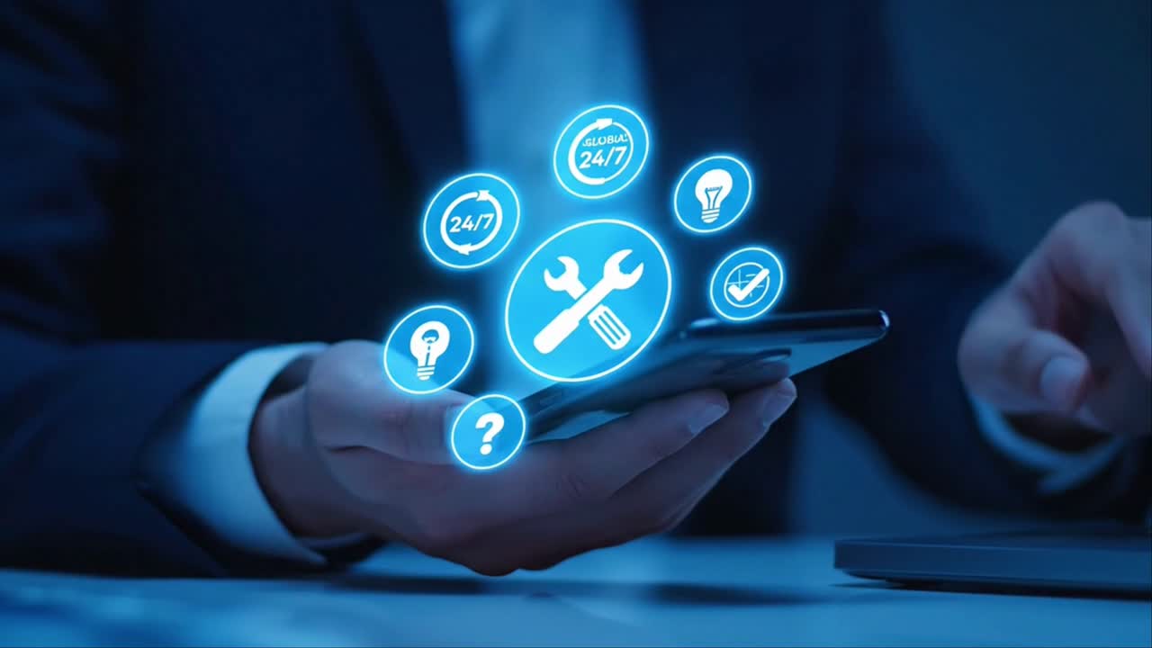 Businessman Accessing 24/7 Online Technical Support Service on a Smartphone