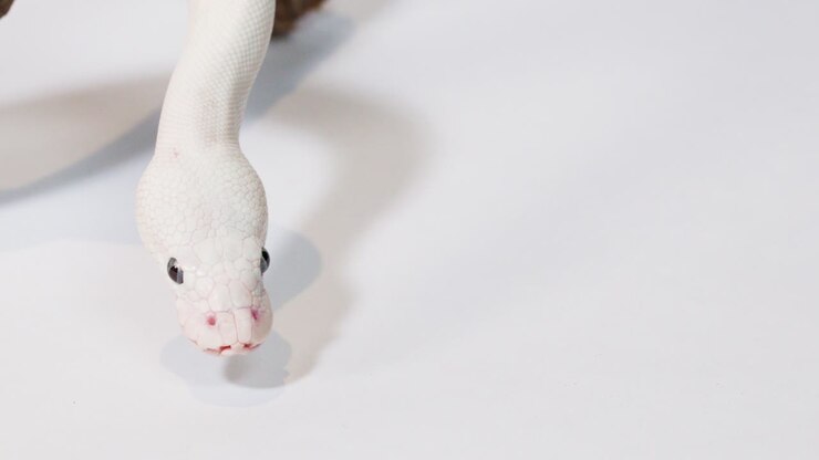 Close-up albino white snake slowly slithers from wooden branch toward camera on white background