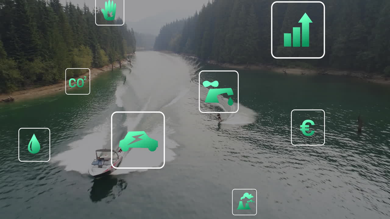 Navigating river, boat with animation of environmental icons over forested landscape