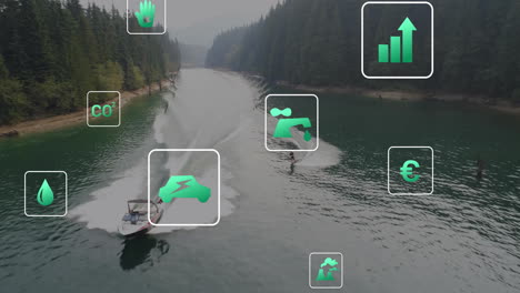 navigating river, boat with animation of environmental icons over forested landscape