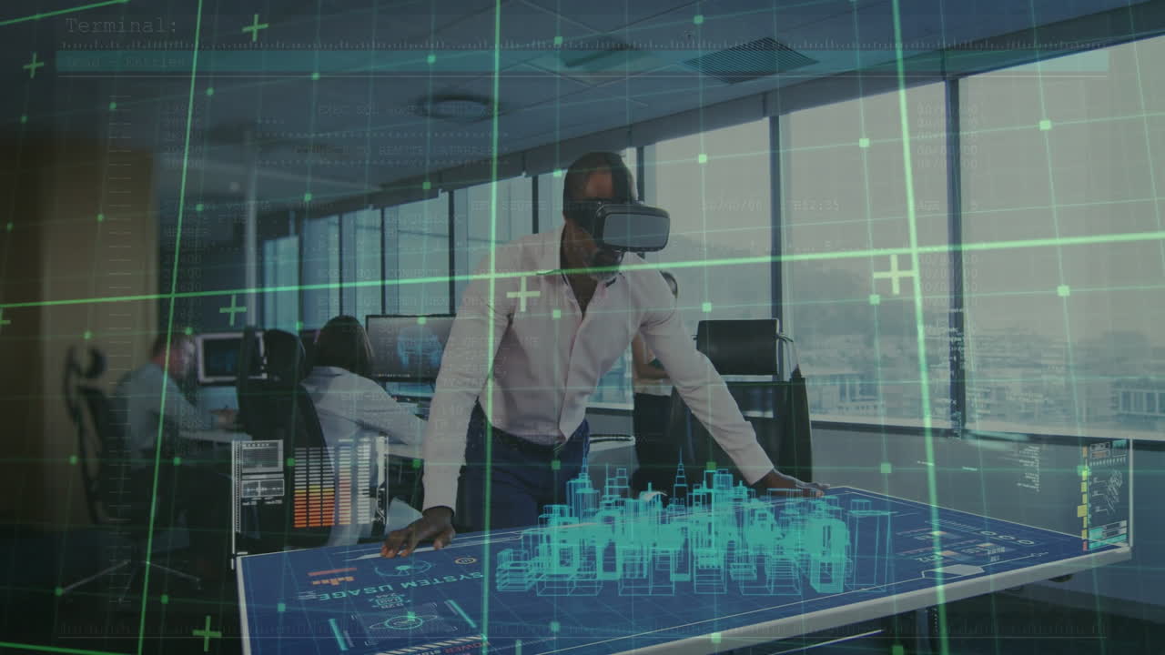 Using animation, man in VR headset interacting with digital blueprint in office