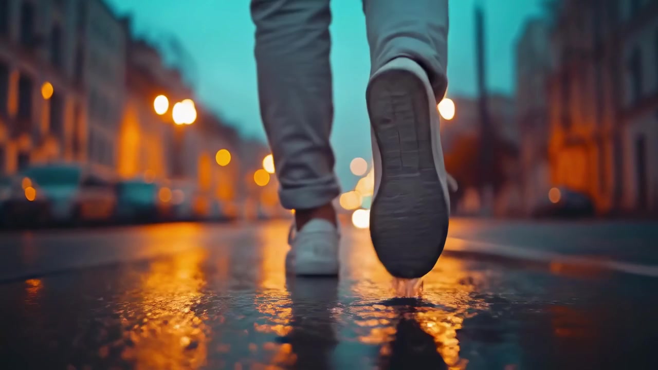 Gece Islak Şehir Sokağında Yürüyen Kişi