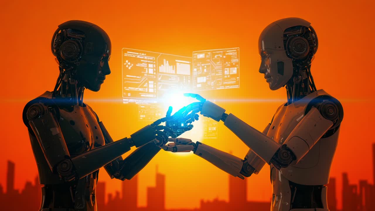 Two advanced humanoid robots engage in a captivating exchange, illuminated by a glowing interface as they share information against a stunning sunset backdrop