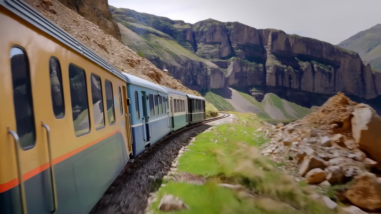 Treno che si snoda lungo la scogliera montana, carrozze colorate che seguono binari serpeggianti accanto a imponenti pareti rocciose.
