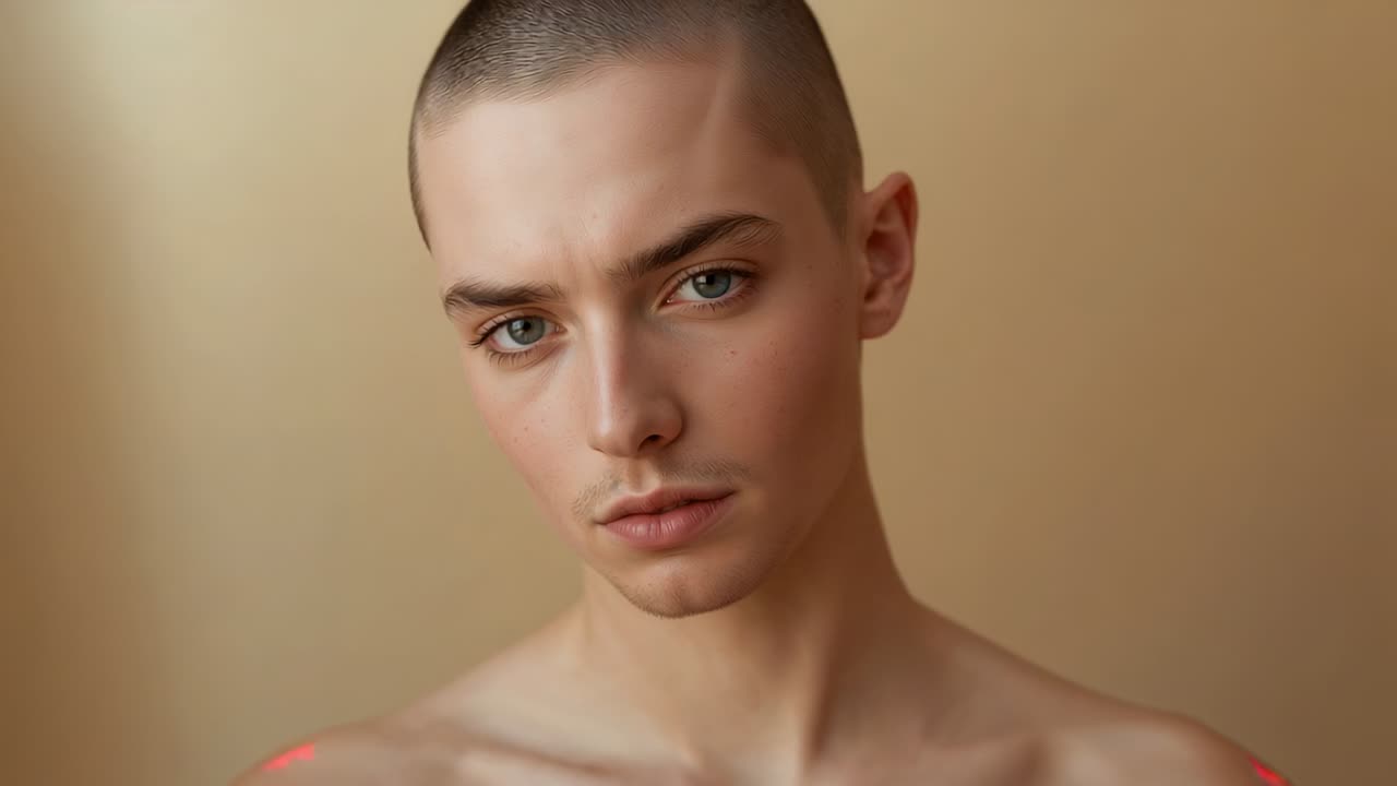 Spostamento durante l'acquisizione, uomo che contrae le sopracciglia, sguardo fisso sullo sfondo beige, spalle scoperte, imperfezioni