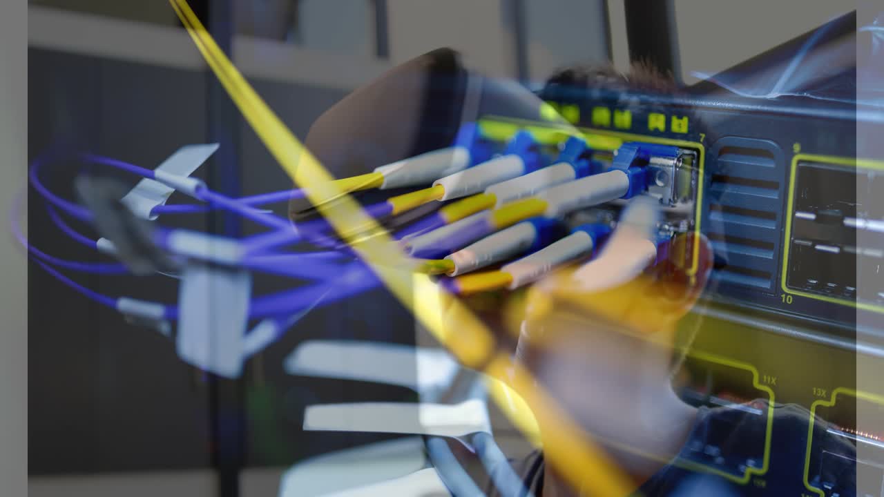 Animation of server room over caucasian boy using vr headset