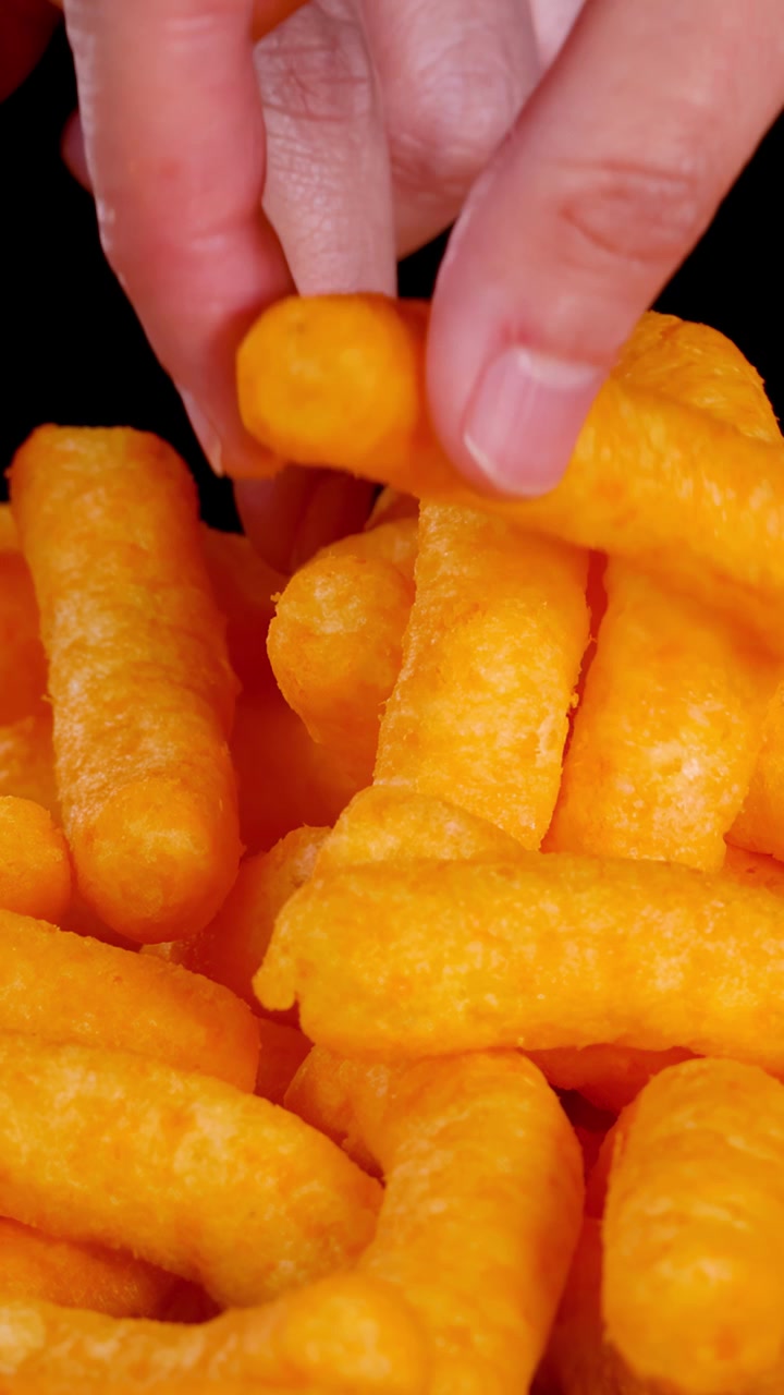 Hand selects cheese puff from pile under bright lighting, close-up, black background, shallow focus