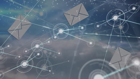 Animation of network of connections and envelope icons over sky with clouds