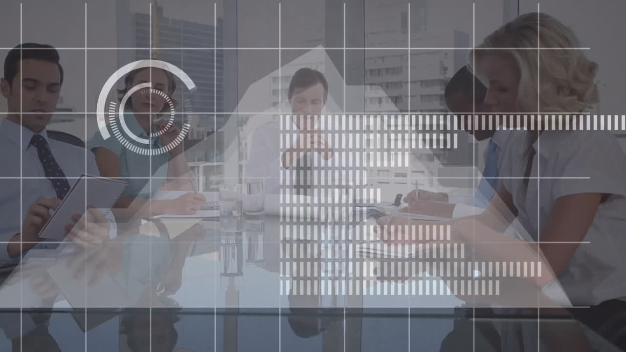 animación de estadísticas y procesamiento de datos financieros durante reuniones de negocios