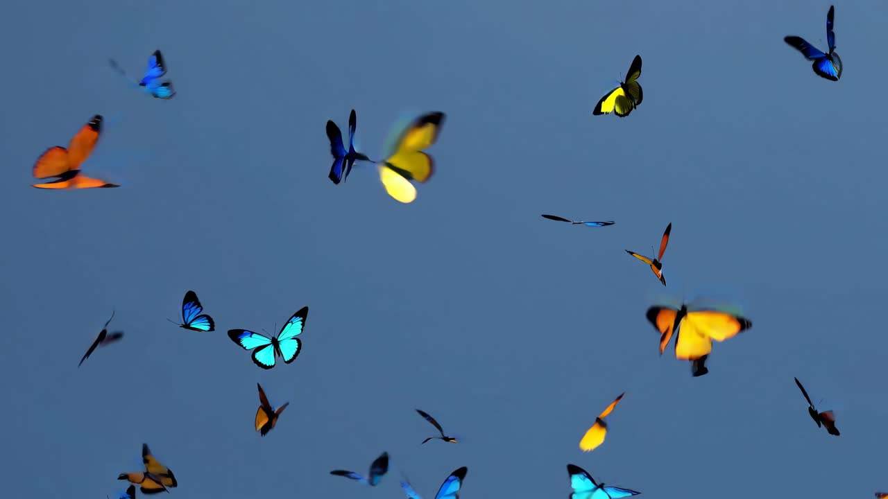 Video aereo di farfalle colorate in volo su un cielo blu limpido, ripreso dal basso