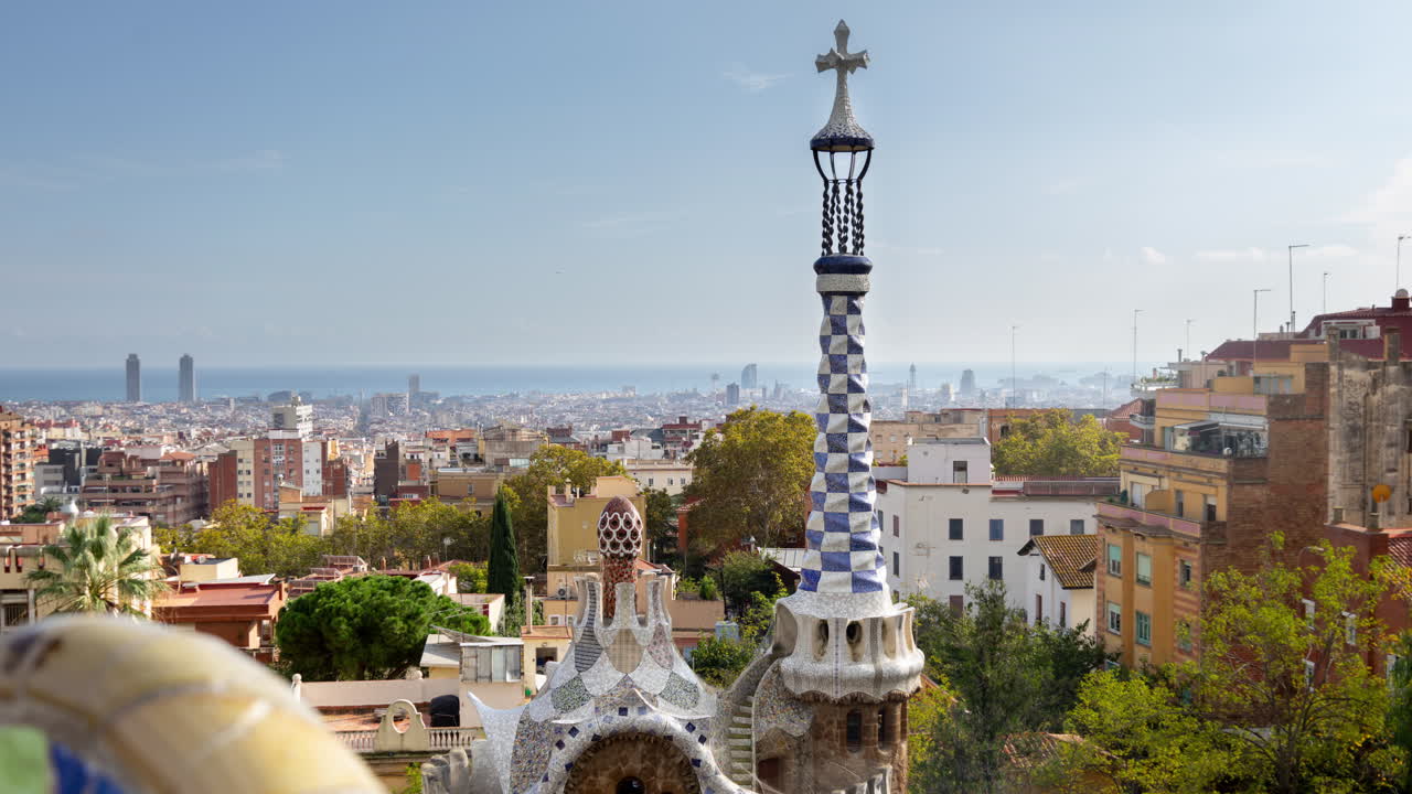 timelapse of the barcelona skyline shot from parc guell.