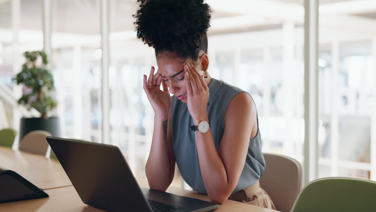 Headache, computer and web business woman