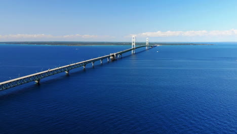 drone view of the mackinac bridge and blue waters of the great lakes in the summer in michigan