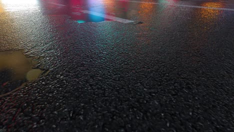 3d heavy rain hitting road at night - 4k realistic rain particle (loopable) - rainy day on a colorful street with traffic - wet road at night - low angle shot of in the rain - rainfall and reflection on road - loopable moving image - bokeh