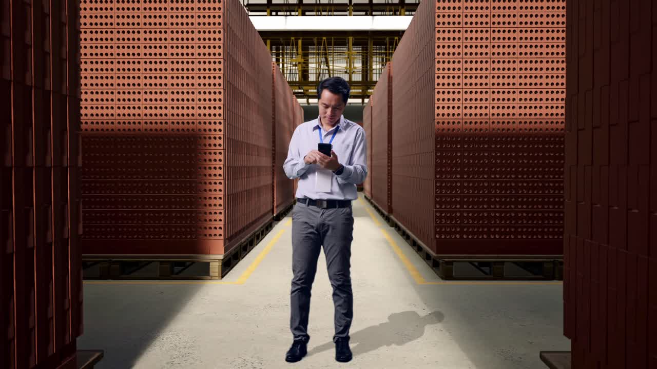Full Body Of An Asian Male Professional Worker Standing With His Smartphone With Red Brick Packed in Stacks Are Stored, Working Continuously