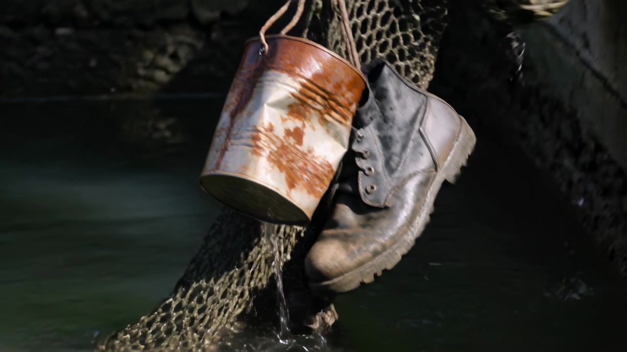 Pulling coarse netting, off-screen hand lifting rusty tin can and black leather boot to canal steps