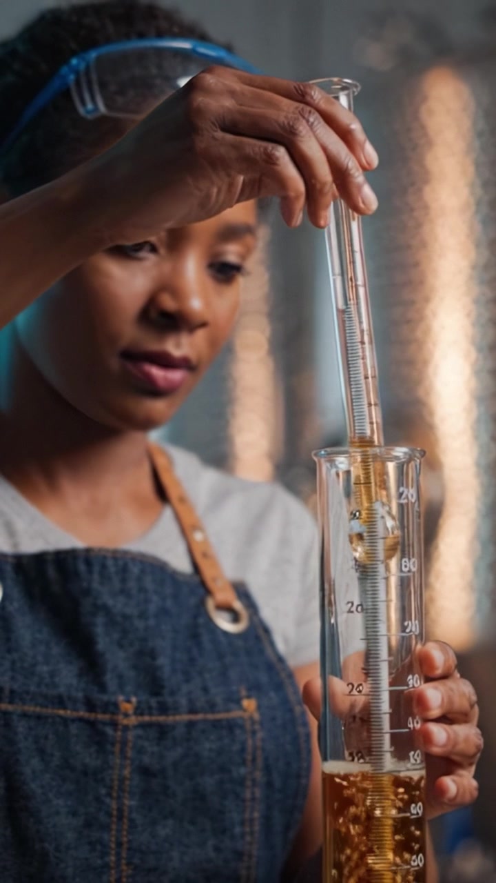 A focused woman in protective eyewear conducts an experiment with a graduated cylinder, demonstrating her expertise in a laboratory environment during brewing.
