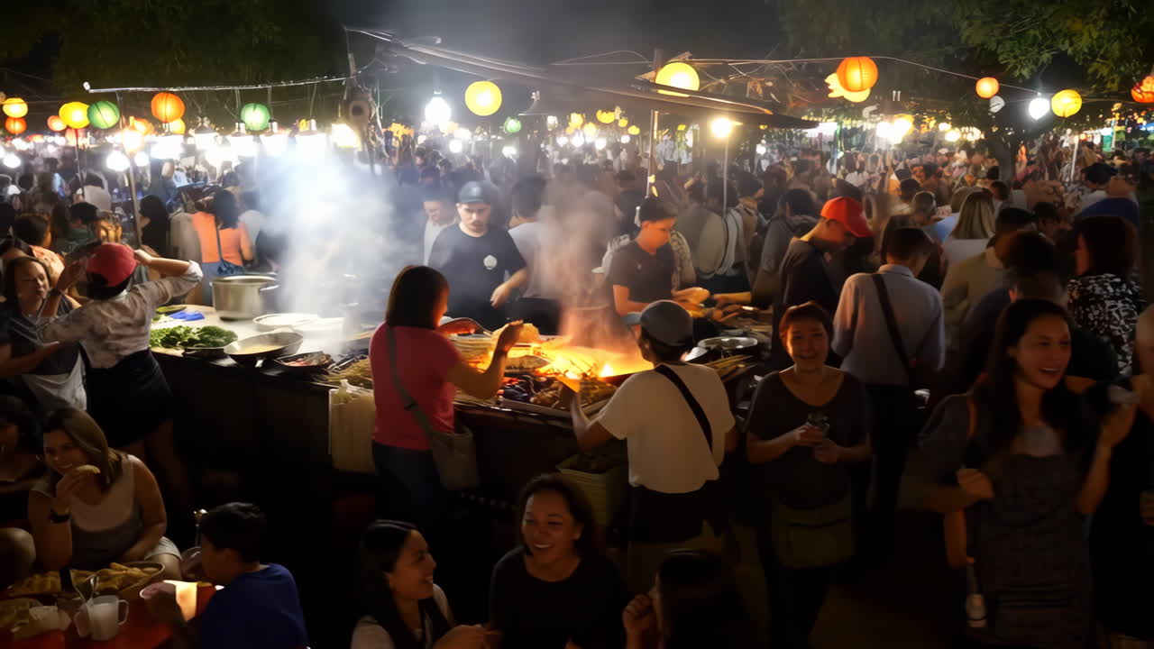 Bustling Night Market with Street Food and Lanterns