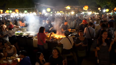 bustling night market with street food and lanterns