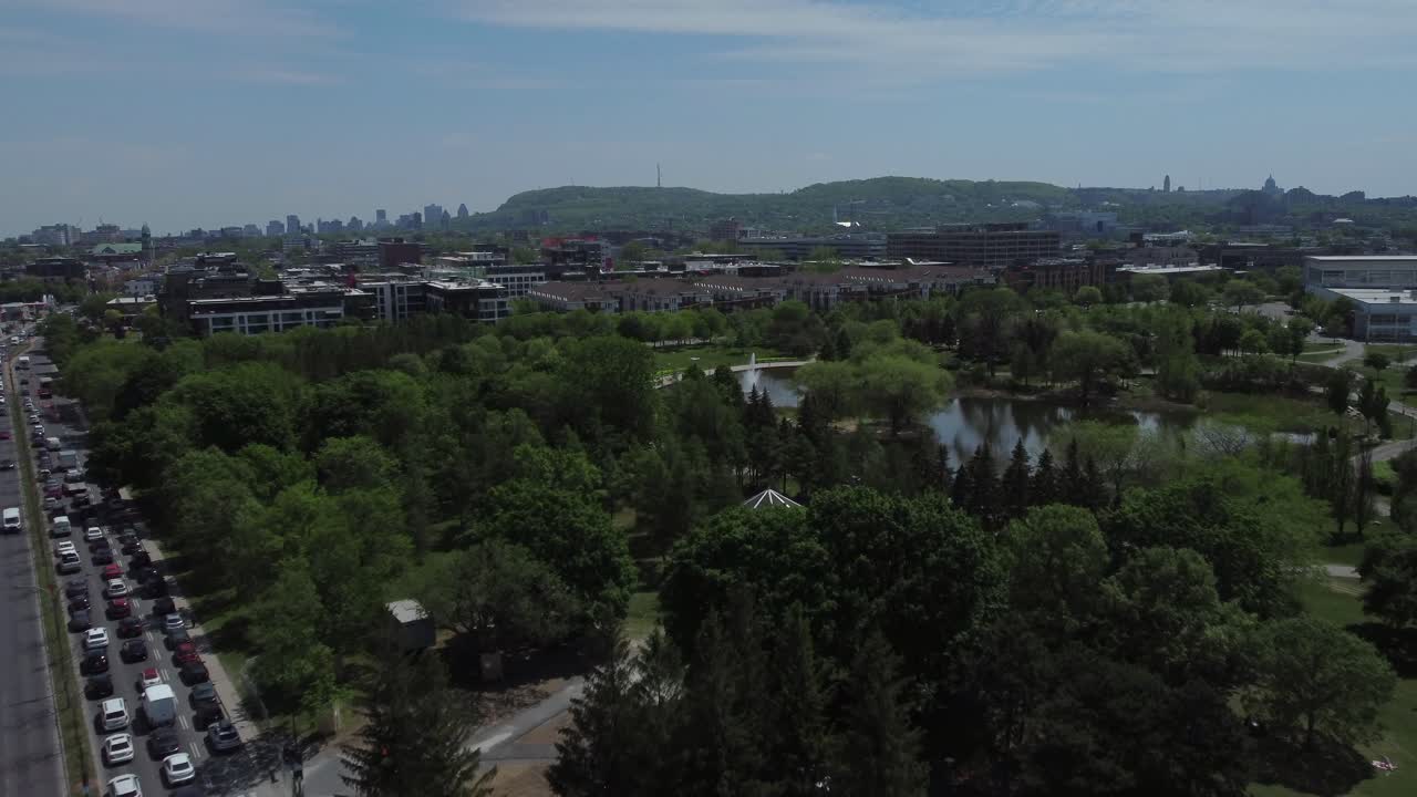 Aerial view of Mont Royal and Montreal skyline behind city park