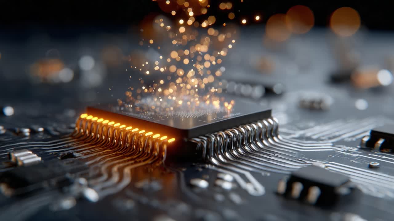 A close-up view of a microchip emitting vibrant sparks, showcasing the intricate circuitry and design of modern technology, with luminous details enhancing its futuristic essence