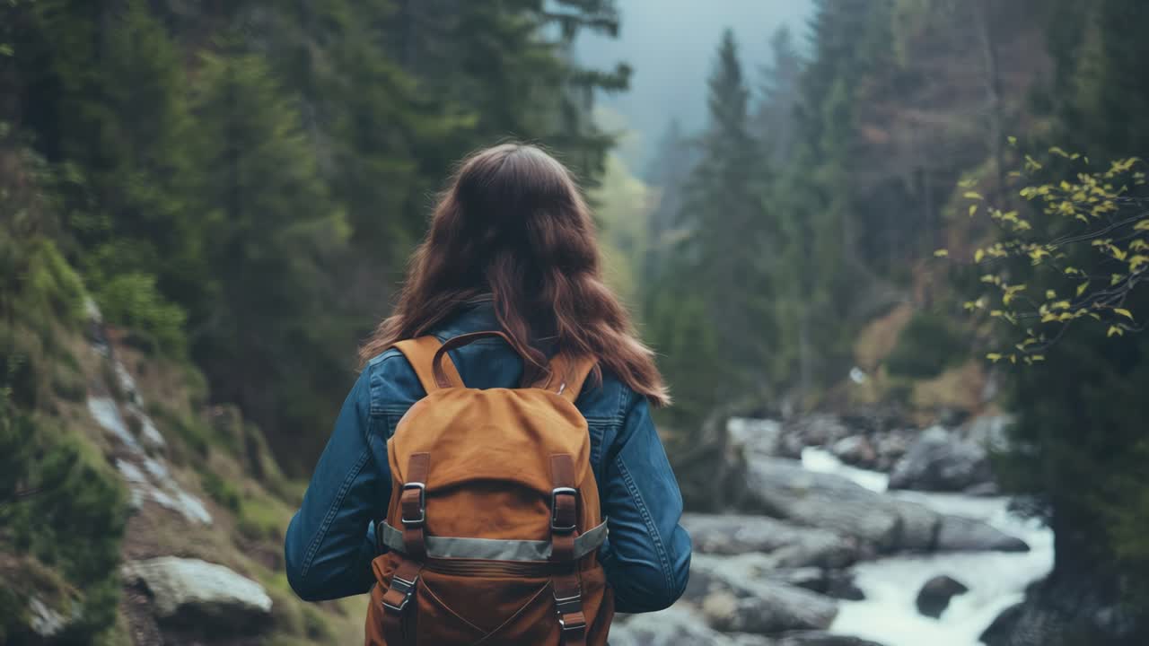 Contemplative woman hiker pausing amid dense forest landscape, gazing at mountain river flowing beneath misty clouded skies, embodying wilderness exploration and tranquil adventure