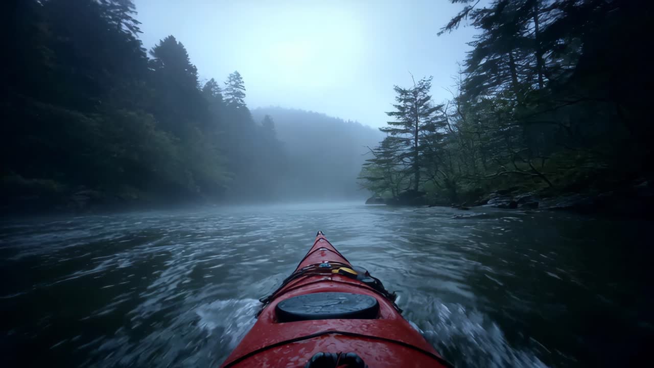 Kayak rosso con decalcomania a forma di pesce scivola attraverso un fiume nebbioso nella foresta