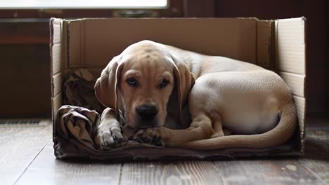 a cute puppy relaxing in a cozy cardboard box: a heartwarming moment of comfort and innocence captured in two frames