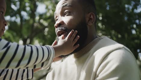african american son touching beard of father in sunny garden, slow motion