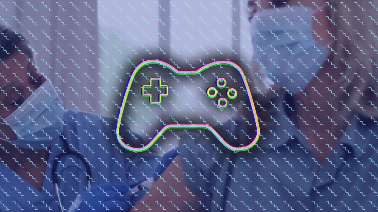 다양한 의사와 환자에 대한 모양과 게임 패드 아이콘의 애니메이션.