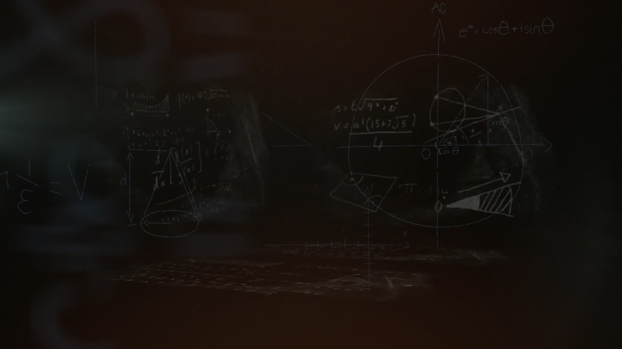 animación de explosión de fuego sobre ecuaciones matemáticas y diagramas contra fondo negro