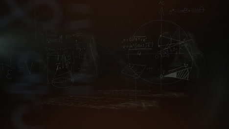 animación de explosión de fuego sobre ecuaciones matemáticas y diagramas contra fondo negro