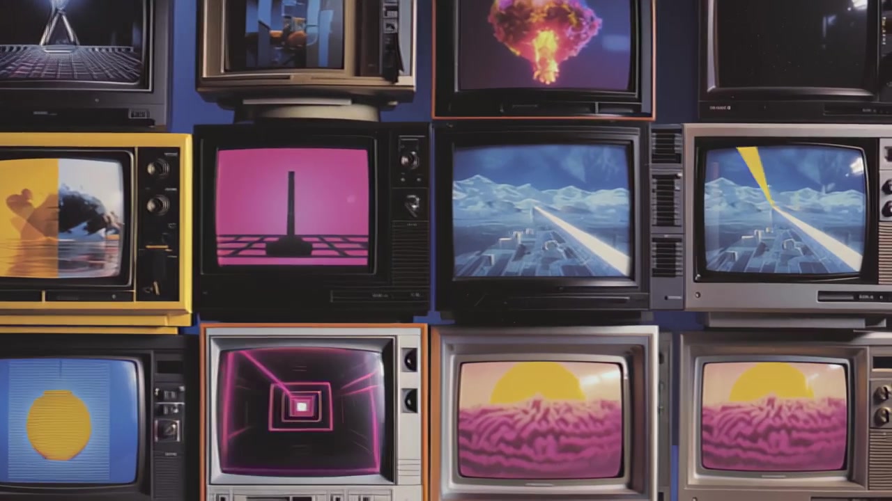 Filmato di televisori CRT vintage impilati che riproducono immagini astratte colorate e scene synthwave, creando uno sfondo nostalgico di parete multimediale in uno studio buio.