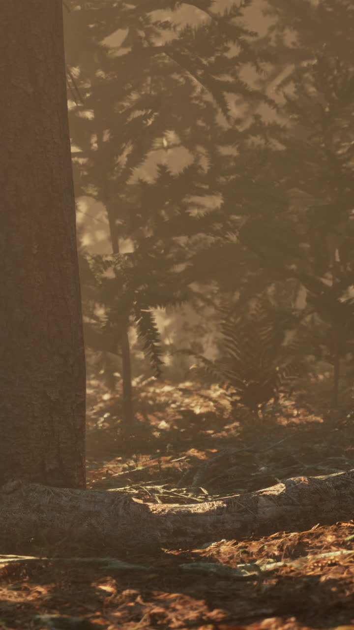 빛이 안개 숲의 나무를 통해 필터링