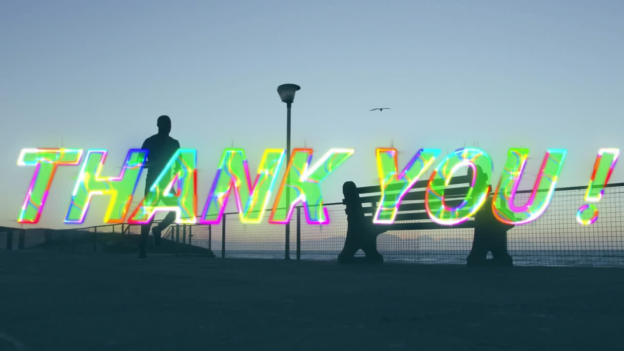 Runner passing bench with colorful THANK YOU! text animation over sunset background