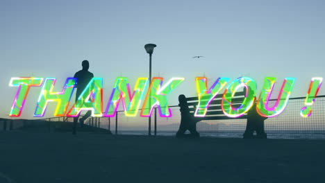 runner passing bench with colorful thank you! text animation over sunset background
