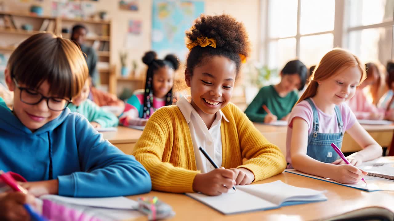 A cheerful classroom scene captured at eye level, perfect for an educational video
