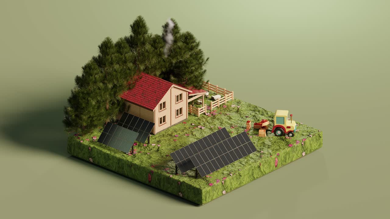 Casa con pannelli solari nella verde campagna. Loop di animazione isometrica 3D