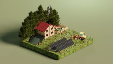 house with solar panels in green countryside. 3d isometric animation loop