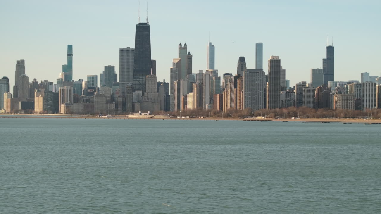 Aerial view of Chicago at sunrise. Shot on a spring morning along Lake Michigan.