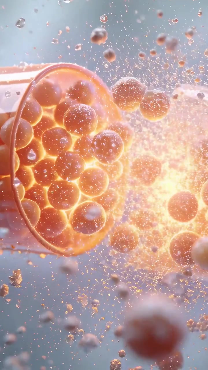 Video verticale: Tubo arancione che espelle perline dopo un bagliore in studio, proiettando schegge e frammenti.