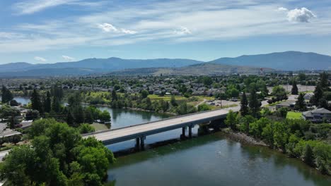 aerial shot pulling away from a bridge crossing the spokane river