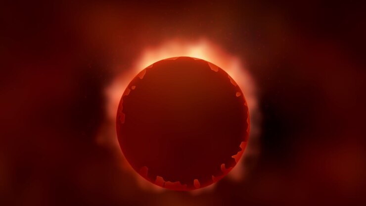 Glowing red halo behind an abstract planet flowting in space with moving gas clouds