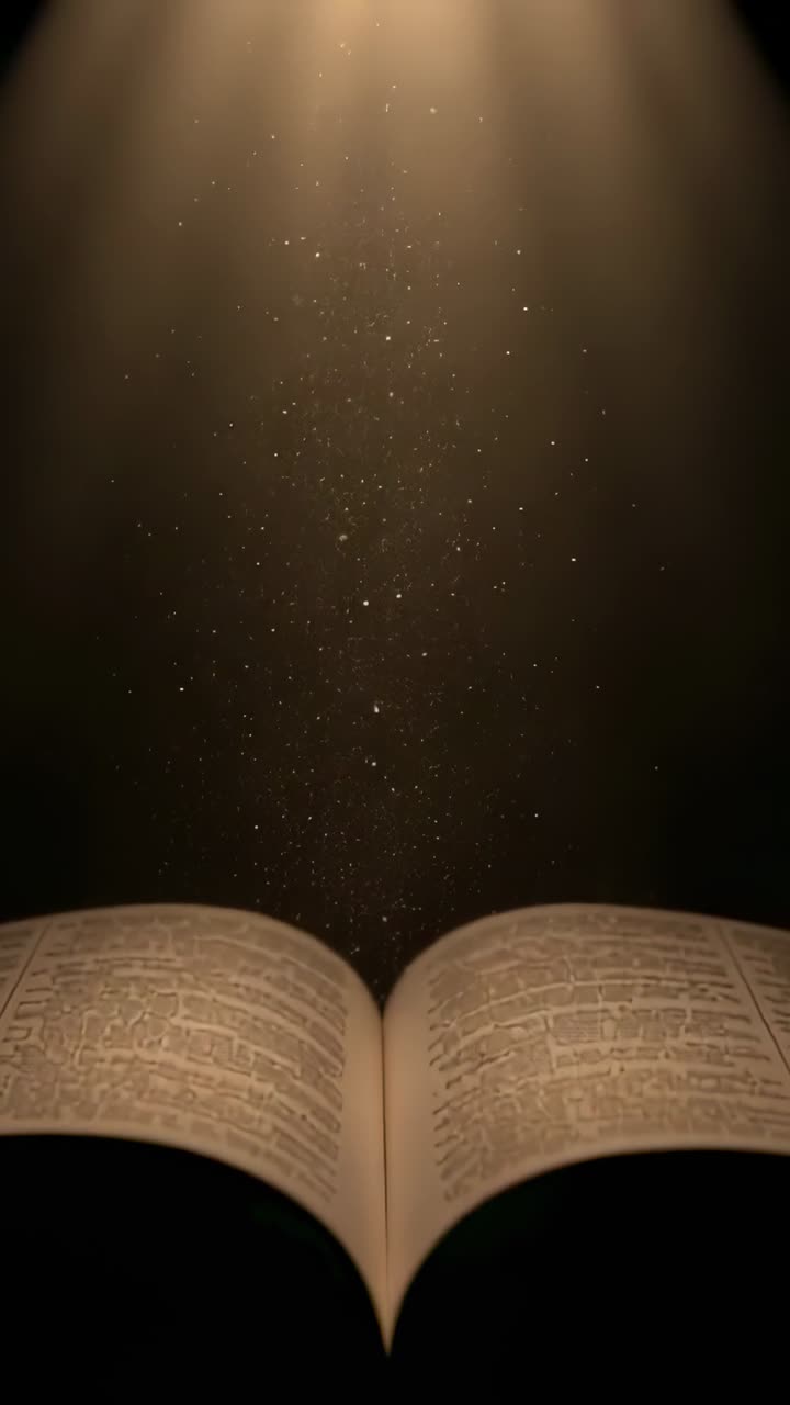 Video verticale: riflettore che attiva un fascio di luce su un libro stampato aperto su un palco buio, con particelle che si sollevano